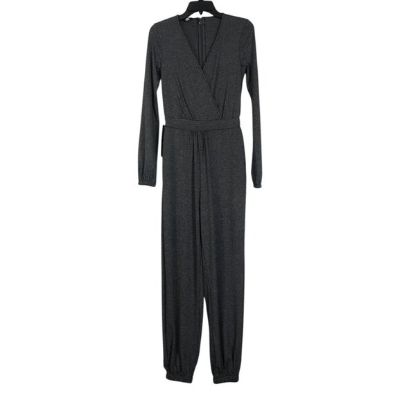 Bebe Jumpsuit Womens Size Small Gray Jersey Surplice Tapered Joggers V Neck - Picture 1 of 11